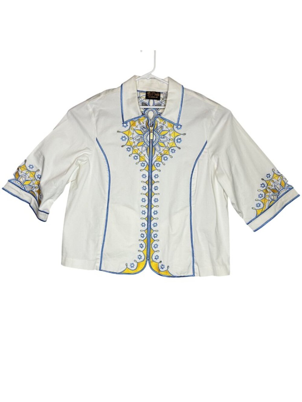 Bob Mackie Wearable Art White & Yellow Embroidered Zip-Up Jacket 3X - 3/4 Sleeve